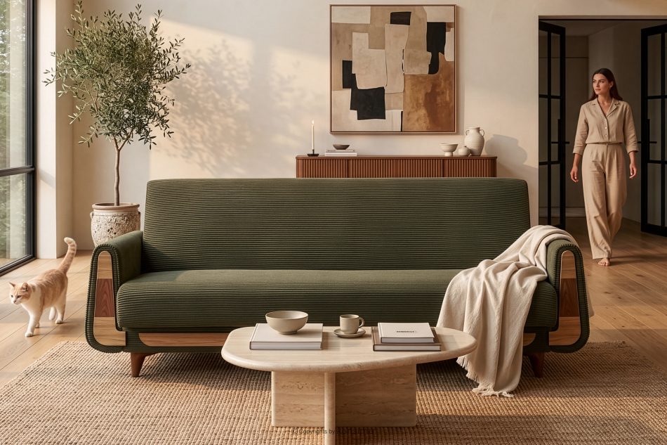 GUSTAVO II Ausklappbares Dreisitzer-Sofa aus olivgrünem Kordstoff oliv - Foto 11