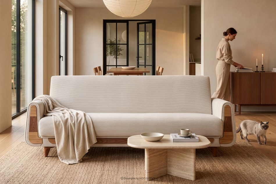 GUSTAVO II Ausklappbares Dreisitzer-Sofa aus cremefarbenem Kordstoff cremefarben - Foto 11