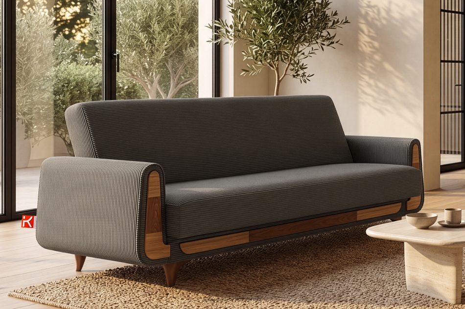 GUSTAVO II Ausklappbares Dreisitzer-Sofa aus graubeige Kordstoff graubeige - Foto 1