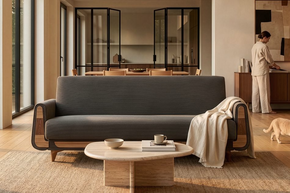 GUSTAVO II Ausklappbares Dreisitzer-Sofa aus graubeige Kordstoff graubeige - Foto 11