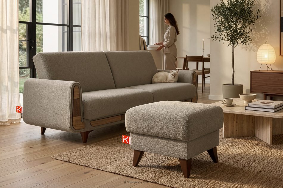 GUSTAVO Fußhocker mit Ablagefach für Wohnzimmer Bouclé-Stoff graubeige graubeige - Foto 8