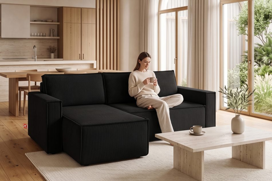NAPI Großes beideseitig ausklappbares Kordstoff-Ecksofa in schwarz schwarz - Foto 21