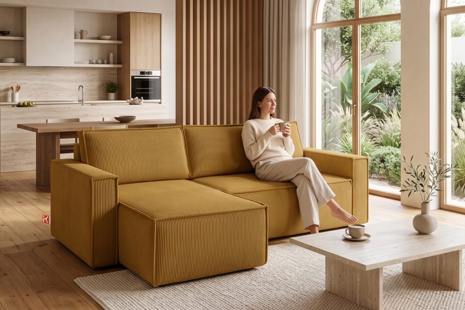NAPI Großes Ausklappsystem Ecksofa Kordstoff gelb rechts/links gelb - Foto 21