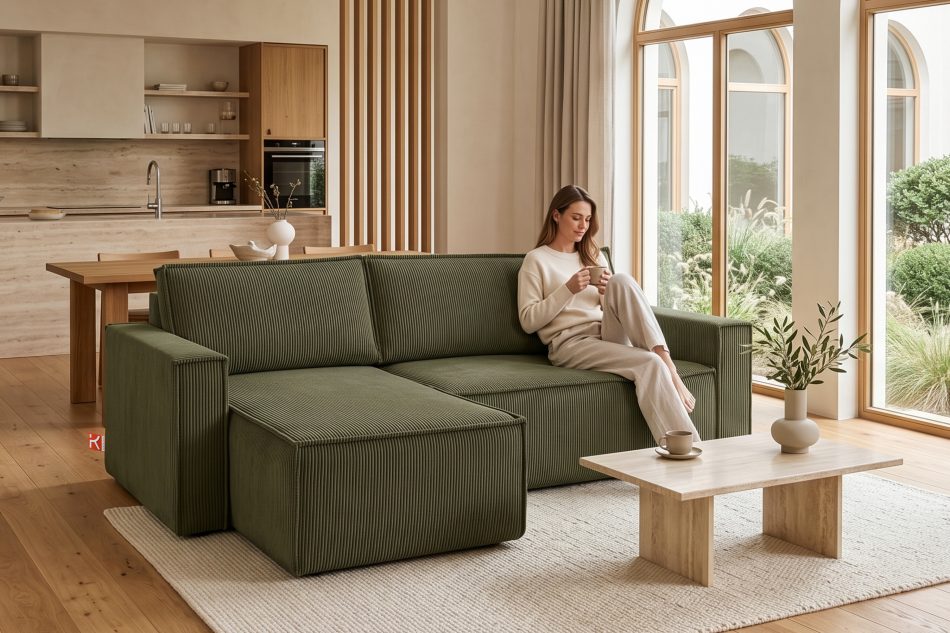 NAPI Großes beidseitig ausklappbares Kordstoff-Ecksofa in olivgrün oliv - Foto 21