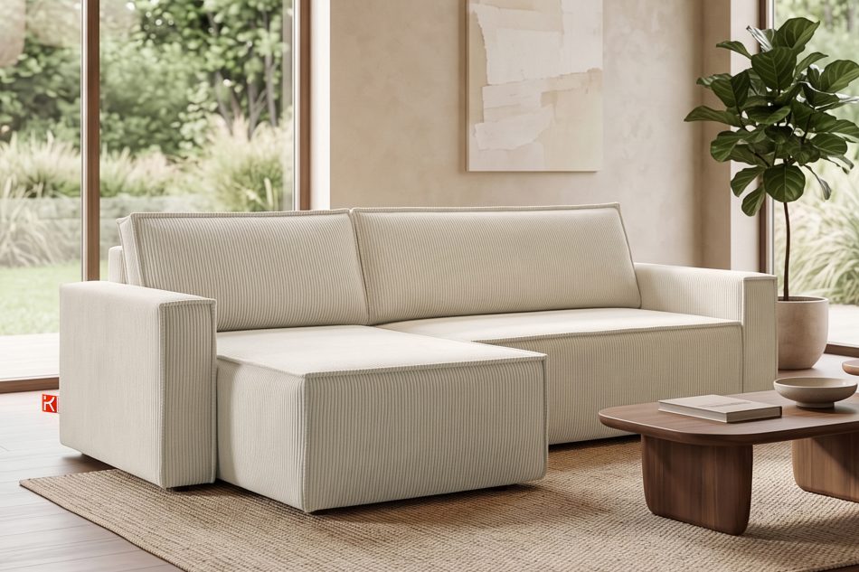 NAPI Großes Ausklappsystem Ecksofa Kordstoff creme rechts/links creme - Foto 24