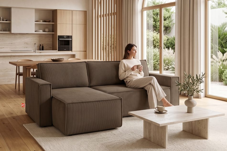 NAPI Großes Ausklappsystem Ecksofa Kordstoff braun rechts/links braun - Foto 21