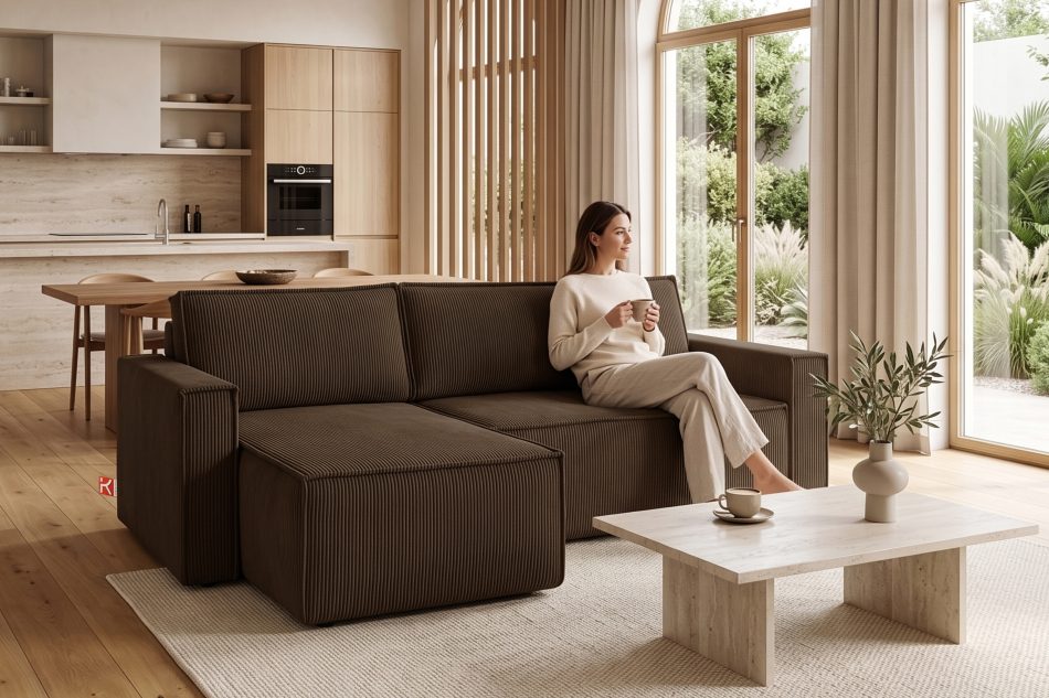 NAPI Großes beideseitig ausklappbares Kordstoff-Ecksofa in dunkelbraun Dunkelbraun - Foto 21