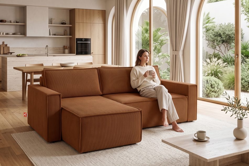NAPI Großes beidseitig ausklappbares Kordstoff-Ecksofa in erzbraun ore - Foto 21