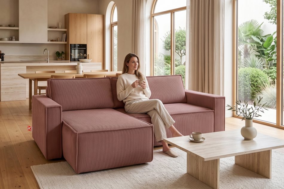 NAPI Großes beidseitig ausklappbares Kordstoff-Ecksofa in rosa rosa - Foto 21