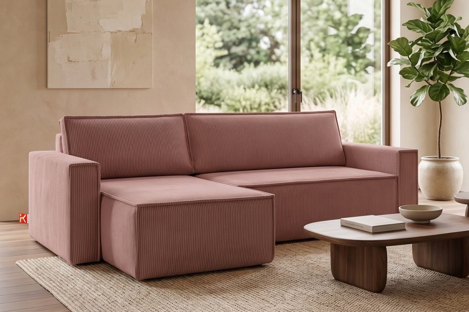 NAPI Großes beidseitig ausklappbares Kordstoff-Ecksofa in rosa rosa - Foto 20