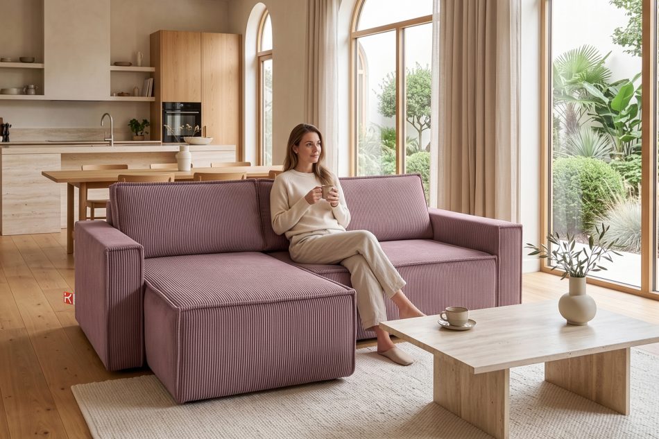 NAPI Großes beidseitig ausklappbares Kordstoff-Ecksofa in hellviolett hellviolett - Foto 21