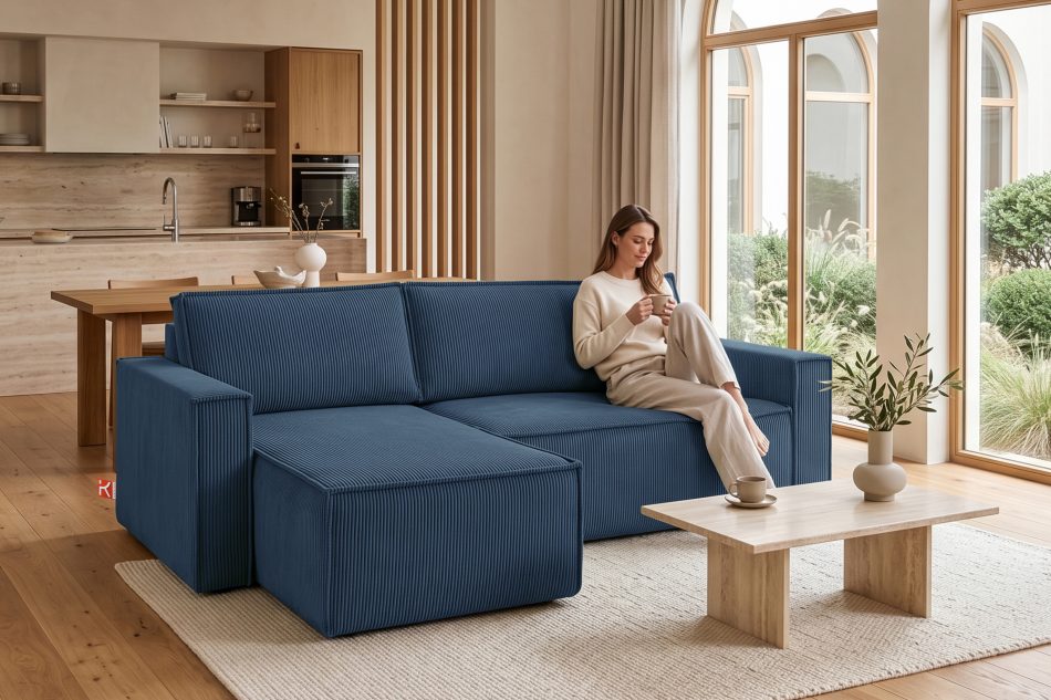 NAPI Großes beidseitig ausklappbares Kordstoff-Ecksofa in marineblau marineblau - Foto 21