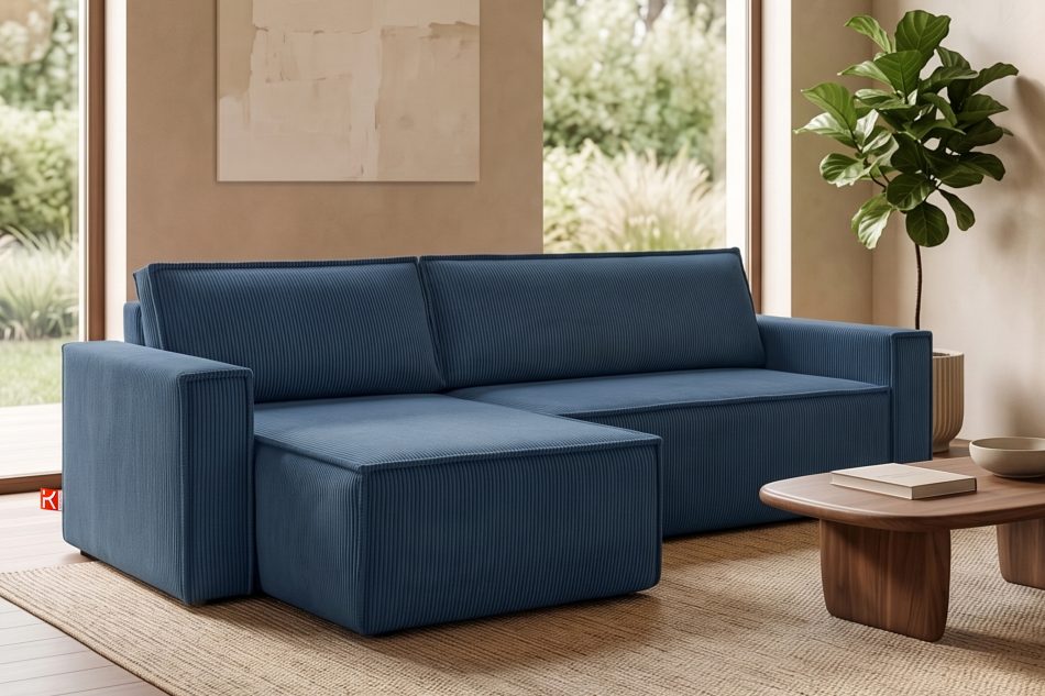 NAPI Großes beidseitig ausklappbares Kordstoff-Ecksofa in marineblau marineblau - Foto 20