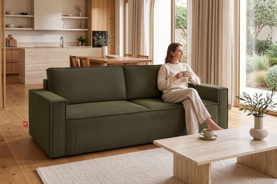 NAPI Dreisitzer-Kordstoffsofa ausklappbar mit Schlaffunktion in olivgrün oliv - Foto 25