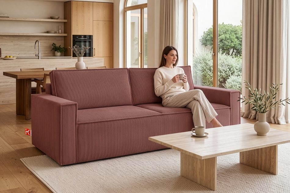 NAPI Dreisitzer-Kordstoffsofa ausklappbar mit Schlaffunktion in rosa rosa - Foto 22