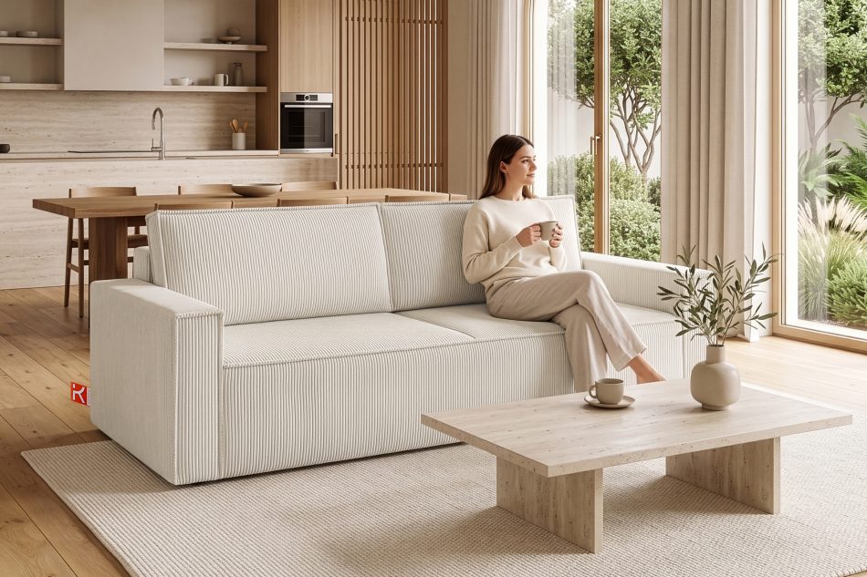 NAPI Dreisitzer-Kordstoffsofa ausklappbar mit Schlaffunktion in ecrufarben ecrufarben - Foto 22