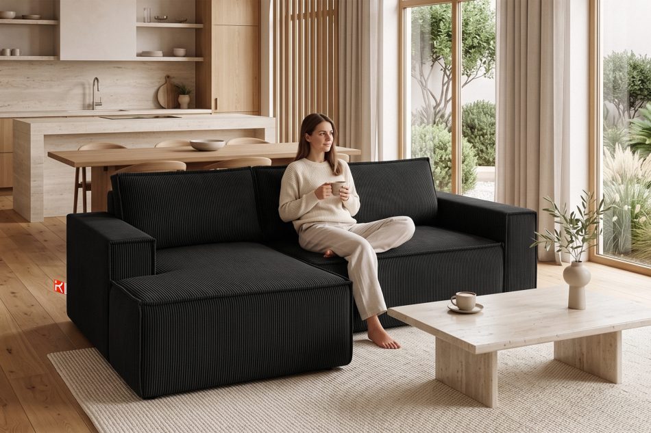 NAPI Kordstoff-Ecksofa links fürs Wohnzimmer mit Schlaffunktion & Bettkasten in schwarz schwarz - Foto 20