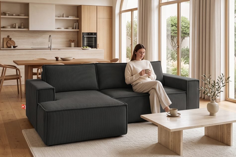 NAPI Kordstoff-Ecksofa links fürs Wohnzimmer mit Schlaffunktion & Bettkasten in dunkelgrau dunkelgrau - Foto 20