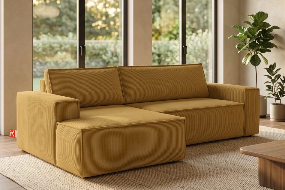 NAPI Kordstoff-Ecksofa links fürs Wohnzimmer mit Schlaffunktion & Bettkasten in gelb gelb - Foto 19