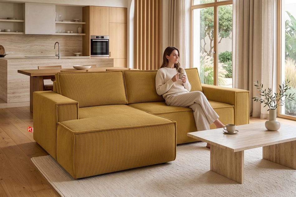 NAPI Kordstoff-Ecksofa links fürs Wohnzimmer mit Schlaffunktion & Bettkasten in gelb gelb - Foto 20