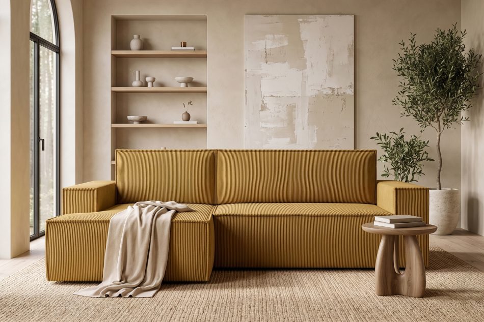 NAPI Kordstoff-Ecksofa links fürs Wohnzimmer mit Schlaffunktion & Bettkasten in gelb gelb - Foto 21