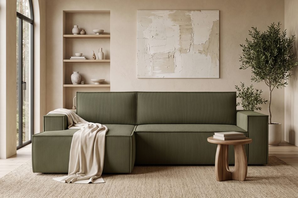 NAPI Kordstoff-Ecksofa links fürs Wohnzimmer mit Schlaffunktion & Bettkasten in olivgrün oliv - Foto 21