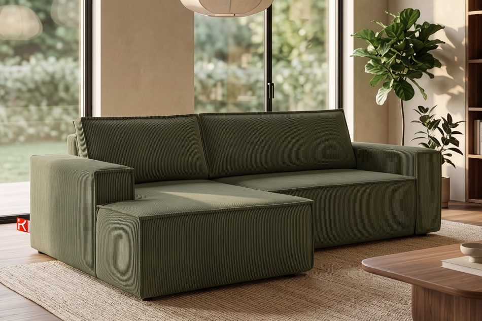 NAPI Kordstoff-Ecksofa links fürs Wohnzimmer mit Schlaffunktion & Bettkasten in olivgrün oliv - Foto 19