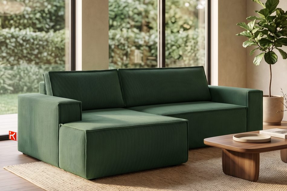 NAPI Kordstoff-Ecksofa links fürs Wohnzimmer mit Schlaffunktion & Bettkasten in dunkelgrün dunkelgrün - Foto 19