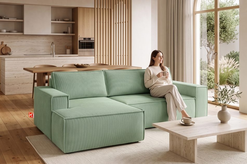 NAPI Ausziehbares Ecksofa für Lounge mint Kordstoff links Minze - Foto 25
