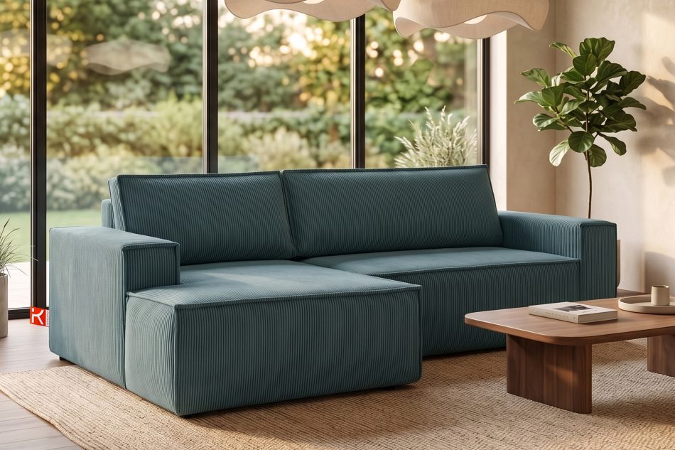 NAPI Kordstoff-Ecksofa links fürs Wohnzimmer mit Schlaffunktion & Bettkasten in blaugrün blau - Foto 18
