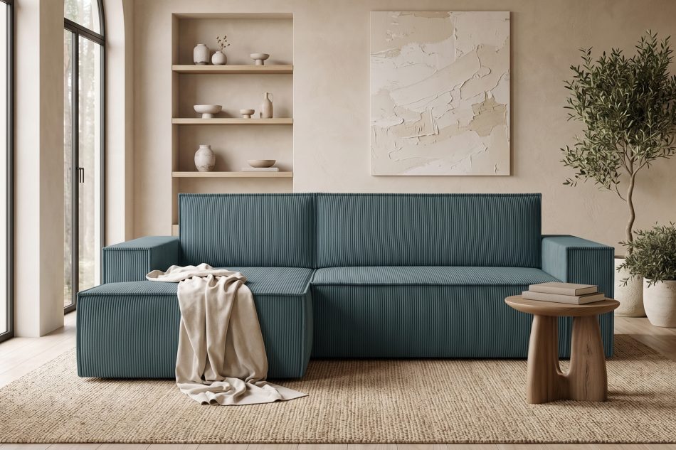 NAPI Kordstoff-Ecksofa links fürs Wohnzimmer mit Schlaffunktion & Bettkasten in blaugrün blau - Foto 20
