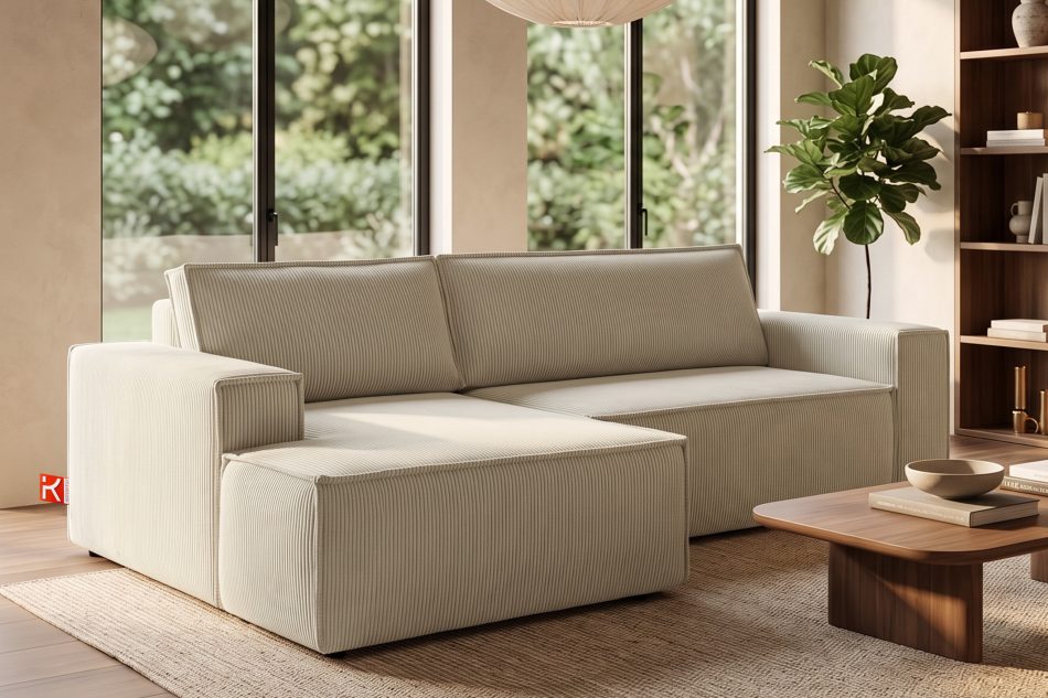 NAPI Kordstoff-Ecksofa links fürs Wohnzimmer mit Schlaffunktion & Bettkasten in cremefarben cremefarben - Foto 23
