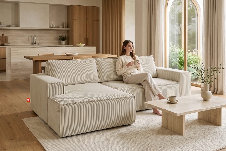NAPI Kordstoff-Ecksofa links fürs Wohnzimmer mit Schlaffunktion & Bettkasten in cremefarben cremefarben - Foto 24