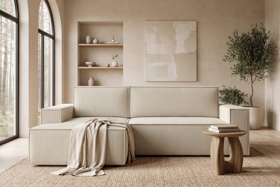 NAPI Kordstoff-Ecksofa links fürs Wohnzimmer mit Schlaffunktion & Bettkasten in cremefarben cremefarben - Foto 25