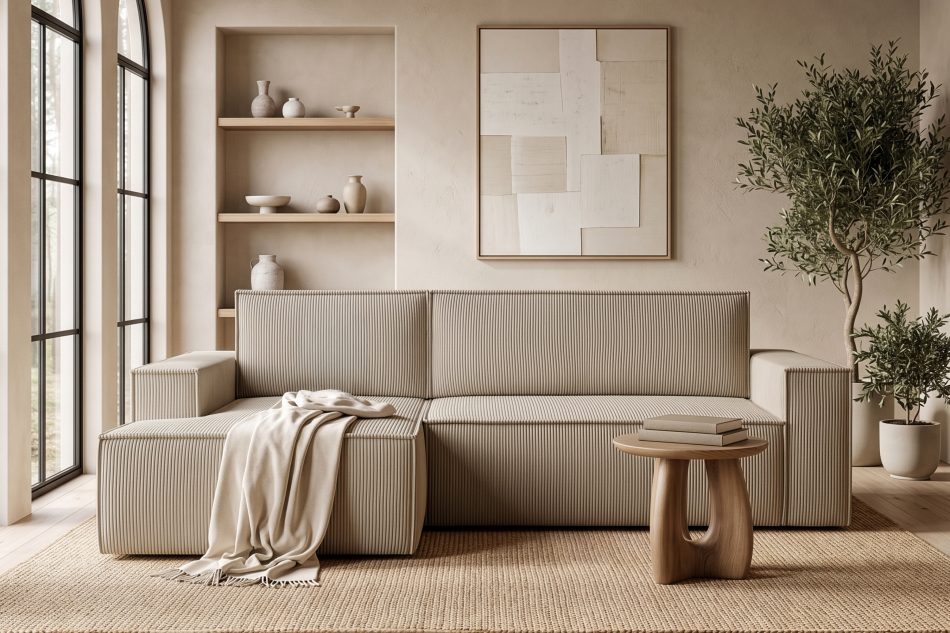 NAPI Kordstoff-Ecksofa links fürs Wohnzimmermit Schlaffunktion & Bettkasten in beigefarben beige - Foto 28
