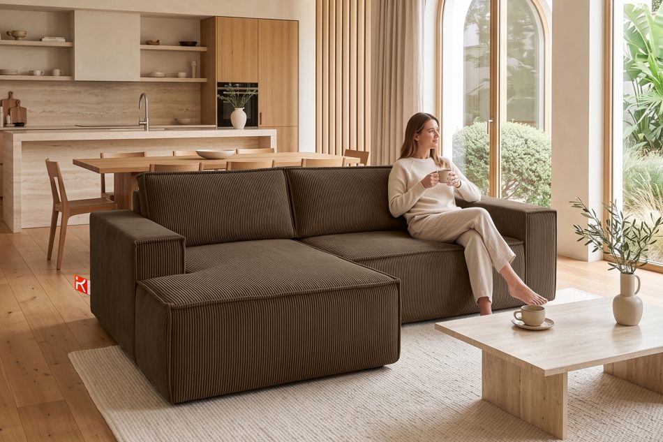 NAPI Kordstoff-Ecksofa links fürs Wohnzimmer mit Schlaffunktion & Bettkasten in dunkelbraun dunkelbraun - Foto 20
