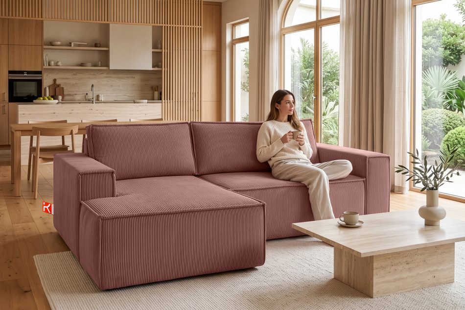 NAPI Kordstoff-Ecksofa links fürs Wohnzimmer mit Schlaffunktion für Wohnzimmer in rosa rosa - Foto 20