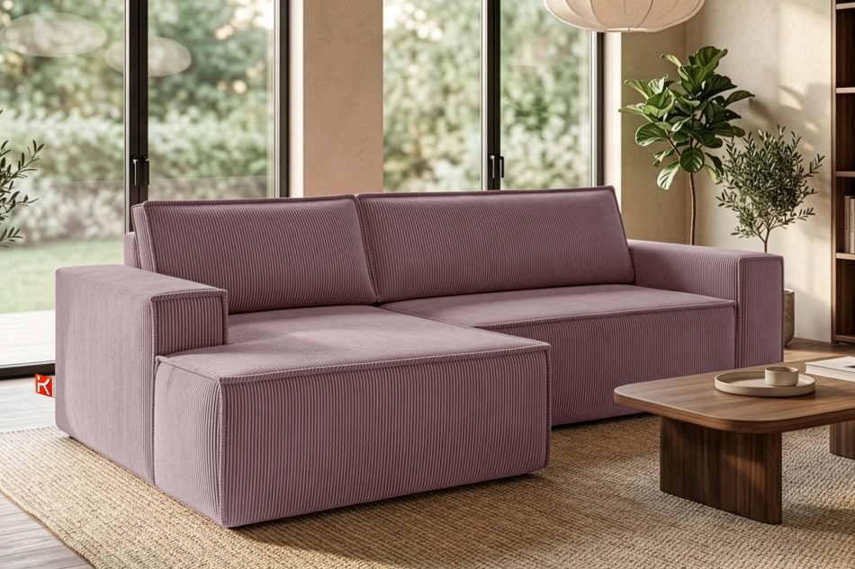NAPI Kordstoff-Ecksofa links fürs Wohnzimmer mit Schlaffunktion & Bettkasten in hellviolett hellviolett - Foto 19