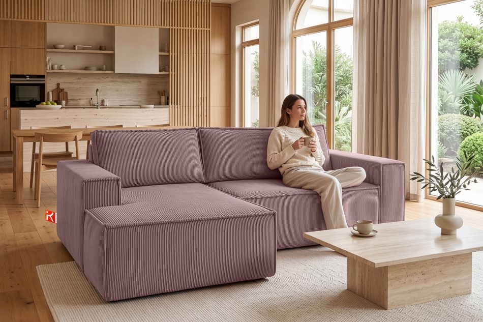 NAPI Kordstoff-Ecksofa links fürs Wohnzimmer mit Schlaffunktion & Bettkasten in hellviolett hellviolett - Foto 20