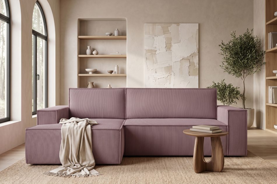 NAPI Kordstoff-Ecksofa links fürs Wohnzimmer mit Schlaffunktion & Bettkasten in hellviolett hellviolett - Foto 21