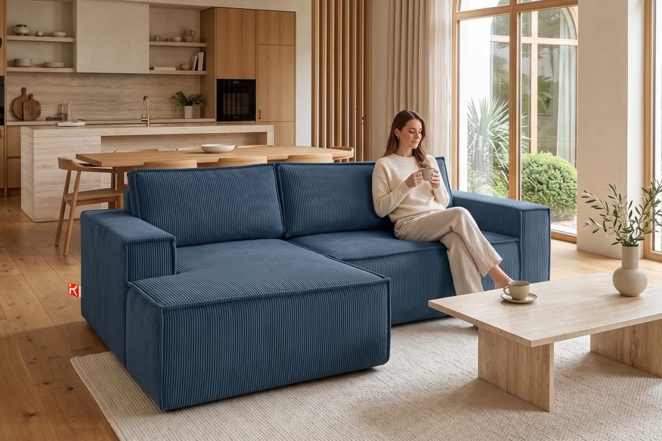 NAPI Kordstoff-Ecksofa links fürs Wohnzimmer mit Schlaffunktion & Bettkasten in marineblau marineblau - Foto 20