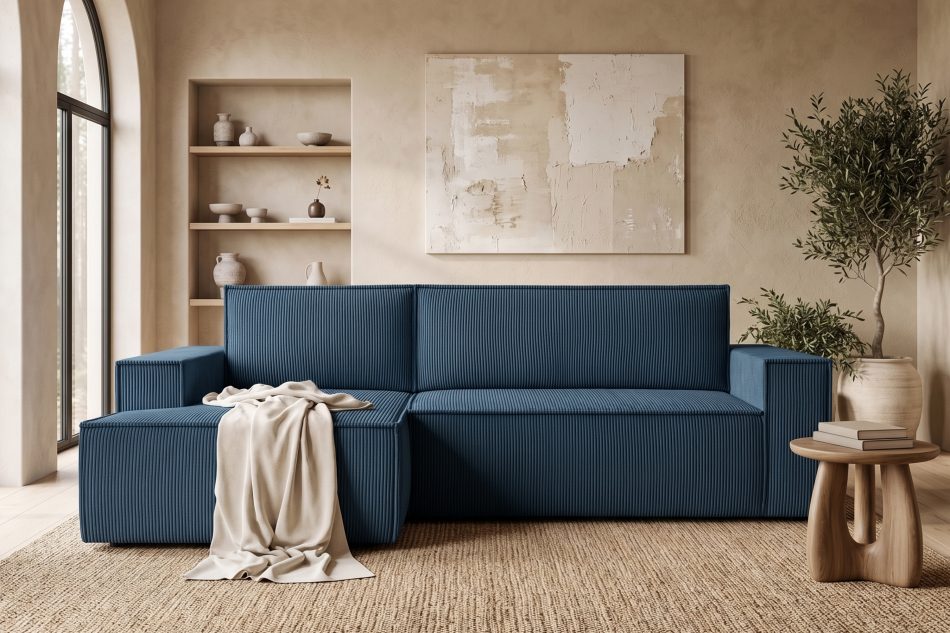 NAPI Kordstoff-Ecksofa links fürs Wohnzimmer mit Schlaffunktion & Bettkasten in marineblau marineblau - Foto 21