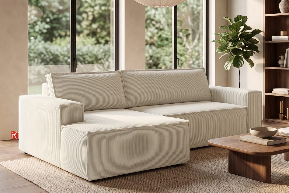 NAPI Kordstoff-Ecksofa links fürs Wohnzimmer mit Schlaffunktion & Bettkasten in ecrufarben ecrufarben - Foto 19