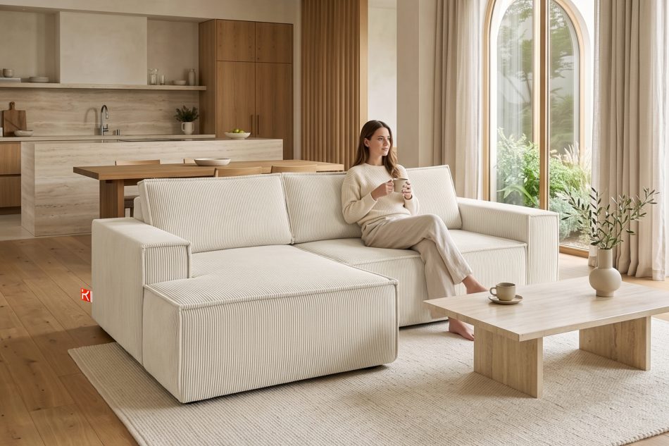 NAPI Kordstoff-Ecksofa links fürs Wohnzimmer mit Schlaffunktion & Bettkasten in ecrufarben ecrufarben - Foto 20