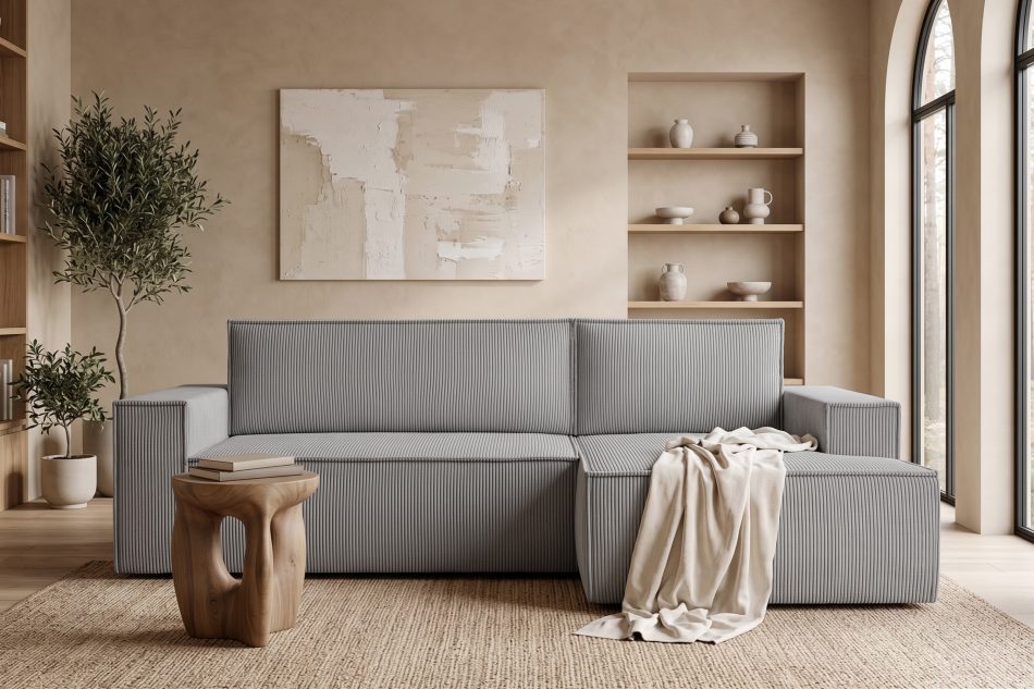 NAPI Kordstoff-Ecksofa rechts mit Schlaffunktion & Bettkasten hellgrau hellgrau - Foto 21
