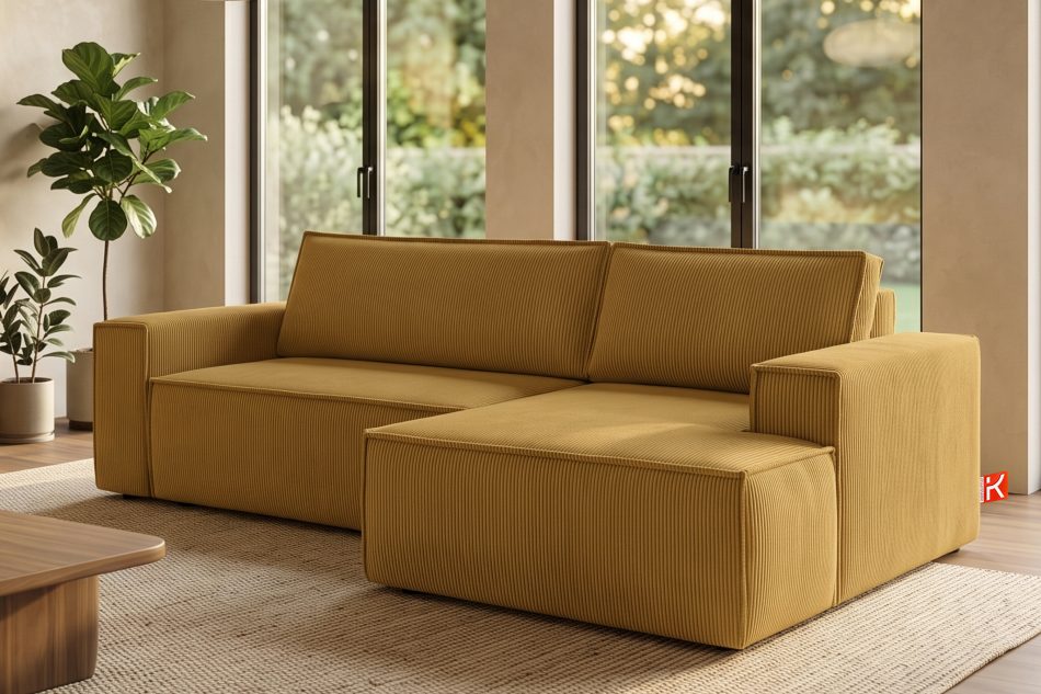 NAPI Kordstoff-Ecksofa rechts mit Schlaffunktion & Bettkasten in gelb gelb - Foto 19