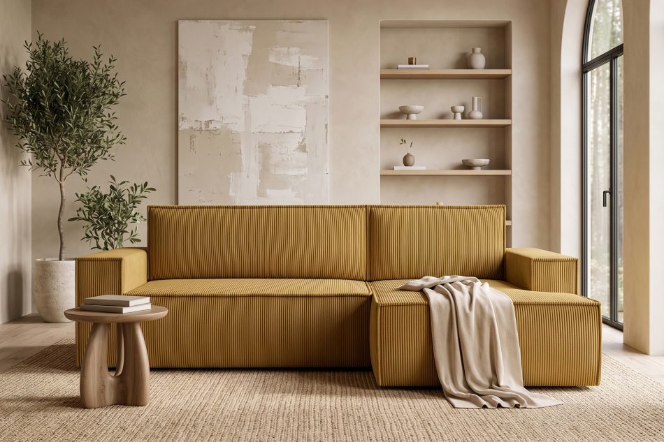 NAPI Kordstoff-Ecksofa rechts mit Schlaffunktion & Bettkasten in gelb gelb - Foto 21