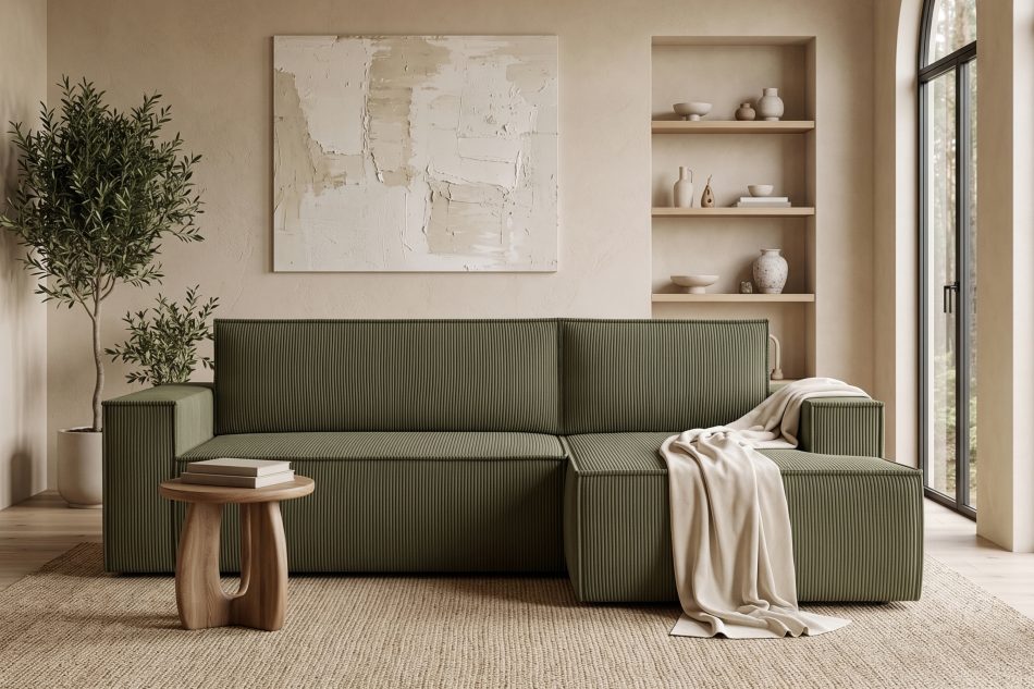 NAPI Kordstoff-Ecksofa rechts mit Schlaffunktion & Bettkasten in olivgrün oliv - Foto 21