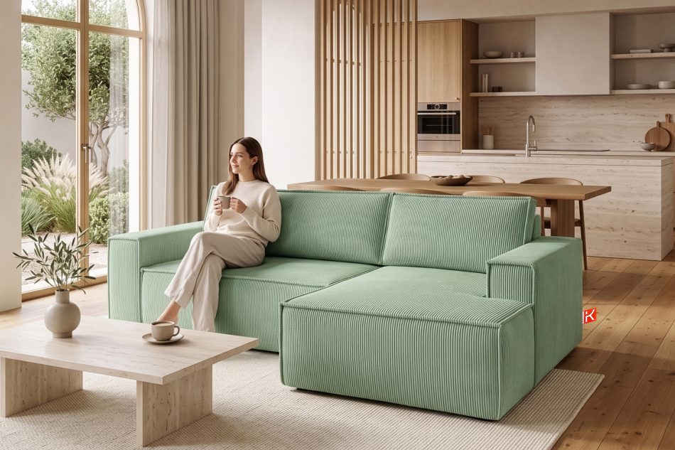 NAPI Ausziehbares Ecksofa mit Bettkasten mint Kordstoff rechts Minze - Foto 25