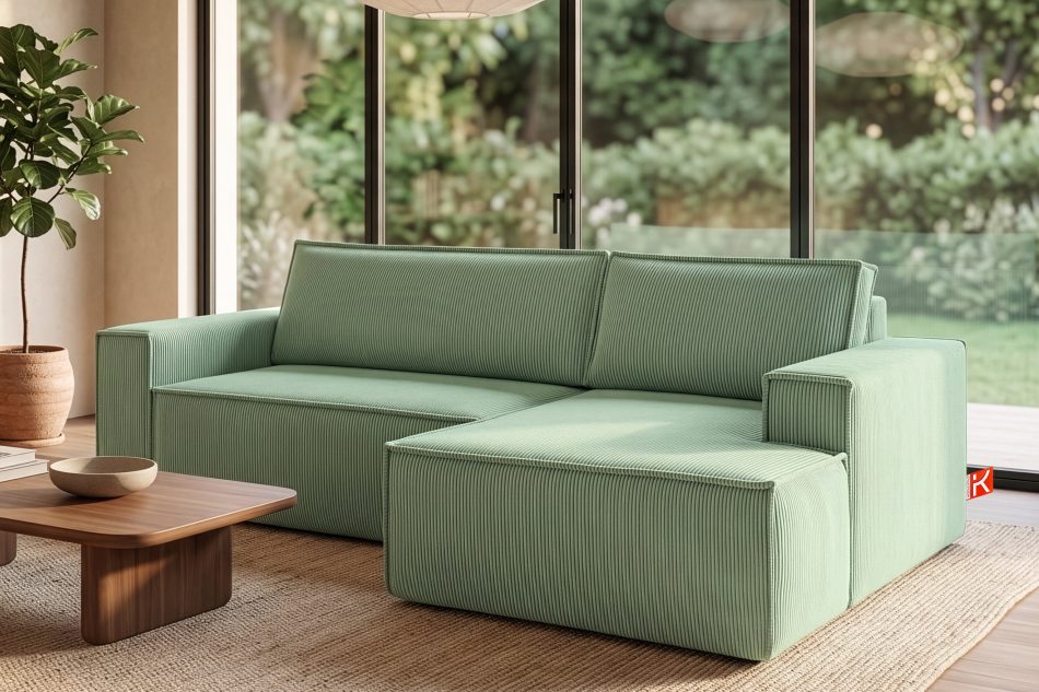 NAPI Ausziehbares Ecksofa mit Bettkasten mint Kordstoff rechts Minze - Foto 24